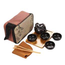 Kung Fu Tea Set Teapot Cups Tea Tray Clip Tea Mat with Portable Travel Bag-A09