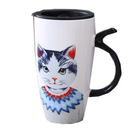 Stylish Ceramic Cute Big Van Mr Cat Caffe Tea Cup Mug With Cap&Spoon, Blue