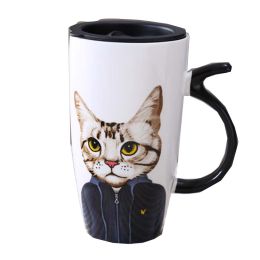 Stylish Ceramic Cute Big Van Mr Cat Caffe Tea Cup Mug With Cap&Spoon, White