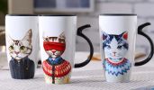 Stylish Ceramic Cute Big Van Mr Cat Caffe Tea Cup Mug With Cap&Spoon, Red